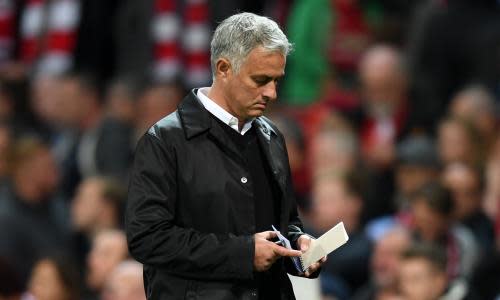 Manchester United v Tottenham Hotspur - Premier League<br>MANCHESTER, ENGLAND - AUGUST 27:  Jose Mourinho, Manager of Manchester United checks his note book during the Premier League match between Manchester United and Tottenham Hotspur at Old Trafford on August 27, 2018 in Manchester, United Kingdom.  (Photo by Michael Regan/Getty Images)