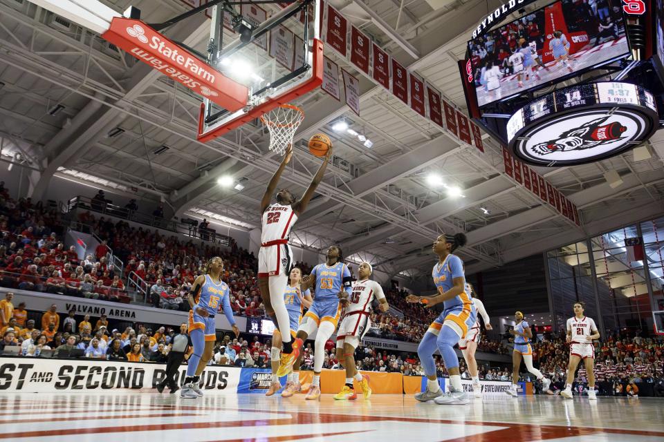 North Carolina State's Saniya Rivers (22) attempts a layup during the first half of a second-round college basketball game against Tennessee in the NCAA Tournament in Raleigh, N.C., Monday, March 25, 2024. (AP Photo/Ben McKeown)