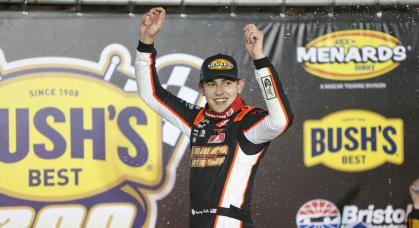 Sammy Smith celebrates his victory and ARCA Menards Series East title at Bristol Motor Speedway