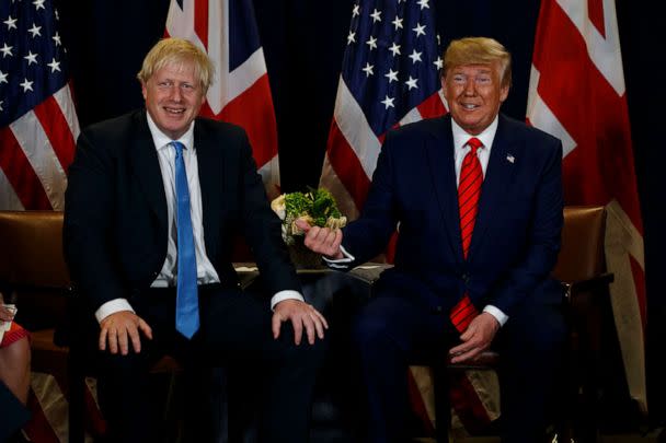FILE PHOTO: U.S. President Donald Trump meets with British Prime Minister Boris Johnson at the United Nations General Assembly in New York, Sept. 24, 2019. (Evan Vucci/AP, File)