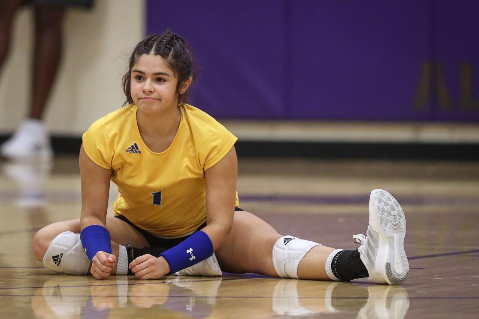 Moody libero Makenzie Uribe reacts during the match at Miller High School on Tuesday, Aug. 23, 2022, in Corpus Christi, Texas.