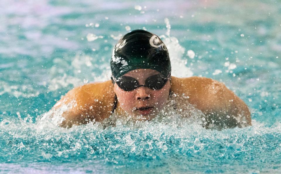 Colts Neck Arabella Lee won the Girls 100 yard Butterfly  at Monmouth County Swim Championships in Neptune, NJ on January 22, 2022. 