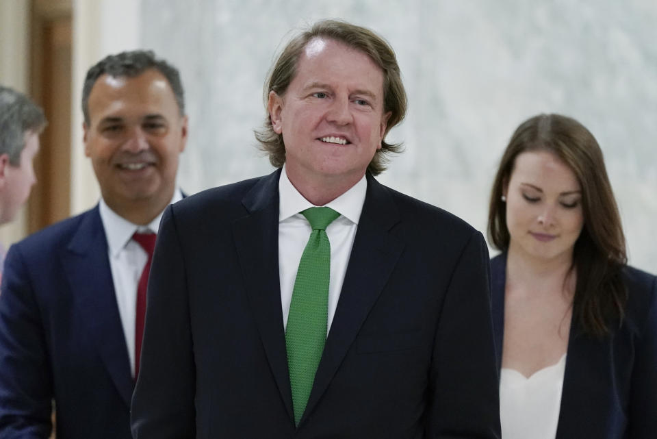 Former White House counsel Don McGahn arrives to meet with the House Judiciary Committee on Capitol Hill in Washington, Friday, June 4, 2021. The committee will question McGahn behind closed doors on Friday, two years after House Democrats originally sought his testimony as part of investigations into former President Donald Trump. (AP Photo/Patrick Semansky)