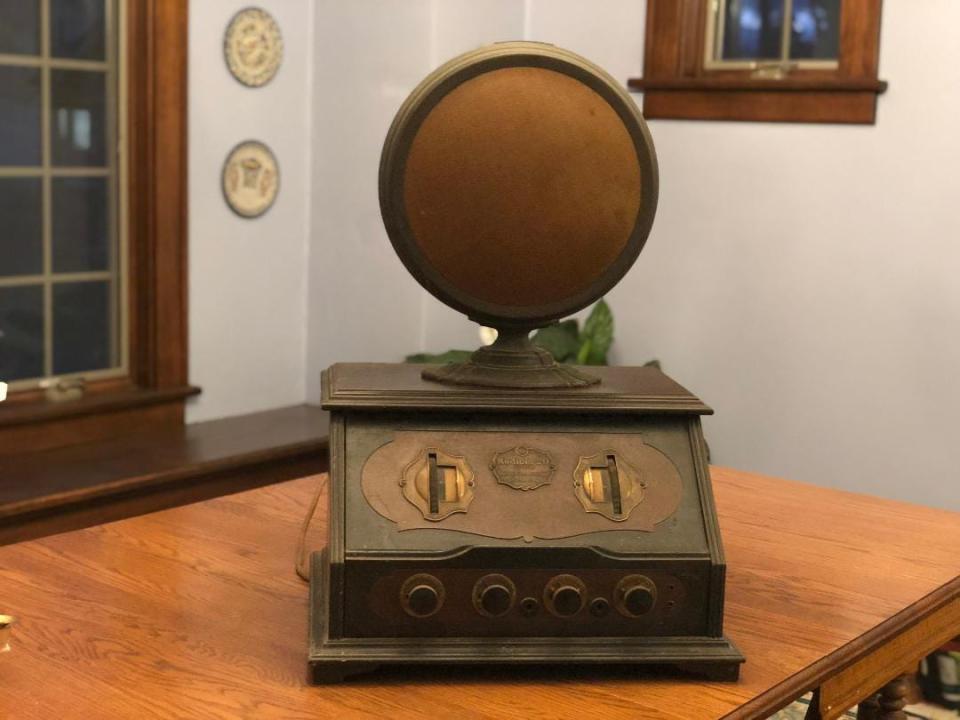 Amy and Bruce Eckert incorporated this 1920s-era radio that belong to Bruce's father in their basement speak-easy in Holland, Mich.