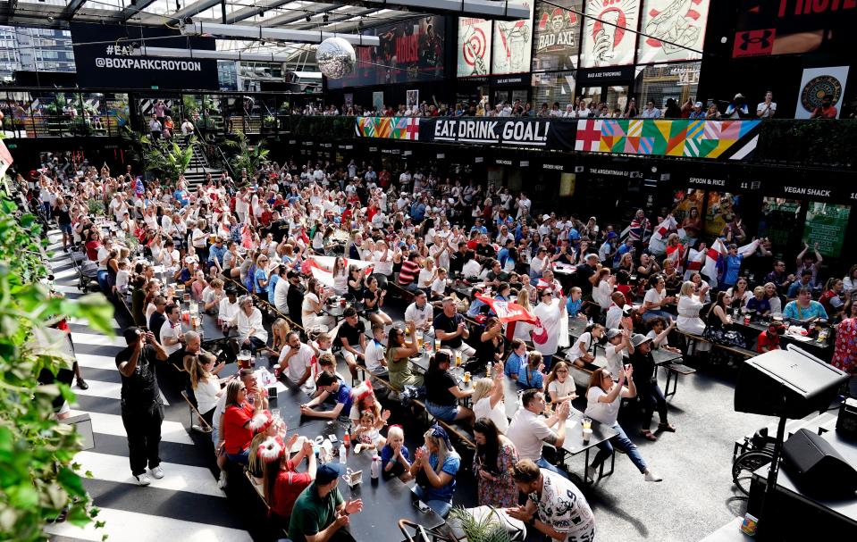 England fans ahead of a screening of the FIFA Women's World Cup 2023 semi-final between Australia and England at BOXPARK Croydon, London. Picture date: Wednesday August 16, 2023.