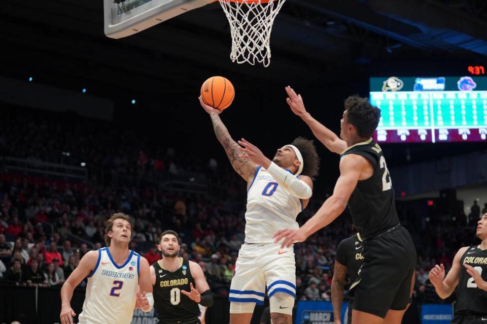 Boise State point guard Roddie Anderson III goes up for a layup Wednesday during the Broncos’ 60-53 loss in the First Four of the NCAA Tournament in Dayton, Ohio. Anderson finished with 14 points. Boise State Athletics