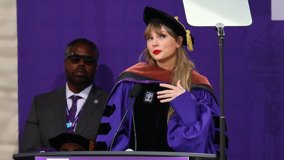 Taylor Swift Delivers New York University 2022 Commencement Address at Yankee Stadium on May 18, 2022 in New York City.