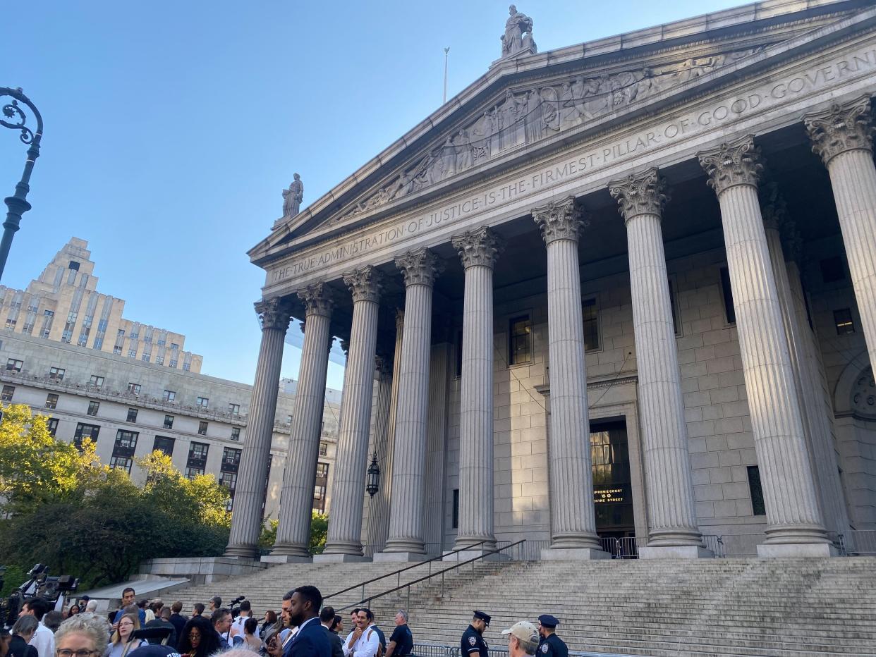 Outside of the courthouse in New York City where the civil case against Donald Trump is expected to begin (Alex Woodward / The Independent)