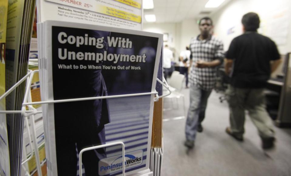 People seek employment opportunities at a JobTrain office in Menlo Park, California.