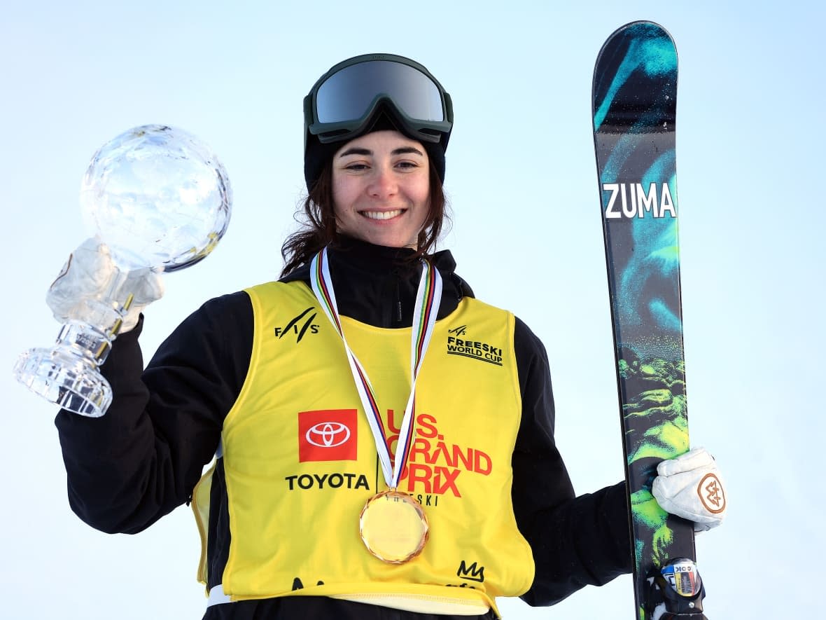 Canada's Rachael Karker poses with the Crystal Globe after finishing atop the women's freeski halfpipe World Cup season standings on Friday at Mammoth Mountain, Calif. (Sean M. Haffey/Getty Images - image credit)