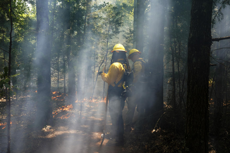 Chris Pickens, left, and instructor Paul Kerr, right, walk through heavy smoke during a wildland firefighter training Friday, June 9, 2023, in Hazel Green, Ala. A partnership between the U.S. Forest Service and four historically Black colleges and universities is opening the eyes of students of color who had never pictured themselves as fighting forest fires. (AP Photo/George Walker IV)