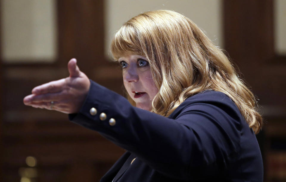 Michele Earl-Hubbard, attorney for the media coalition, speaks during a hearing before the Washington Supreme Court Tuesday, June 11, 2019, in Olympia, Wash. The court heard oral arguments in the case that will determine whether state lawmakers are subject to the same disclosure rules that apply to other elected officials under the voter-approved Public Records Act. The hearing before the high court was an appeal of a case that was sparked by a September 2017 lawsuit filed by a media coalition, led by The Associated Press. (AP Photo/Elaine Thompson)