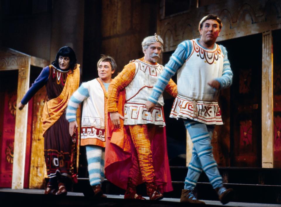 Left to right: Jon Pertwee, Kenneth Connor, Eddie Gray and Frankie Howerd in the 1963 West End transfer of A Funny Thing Happened on the Way to the Forum, co-produced by Richard Pilbrow