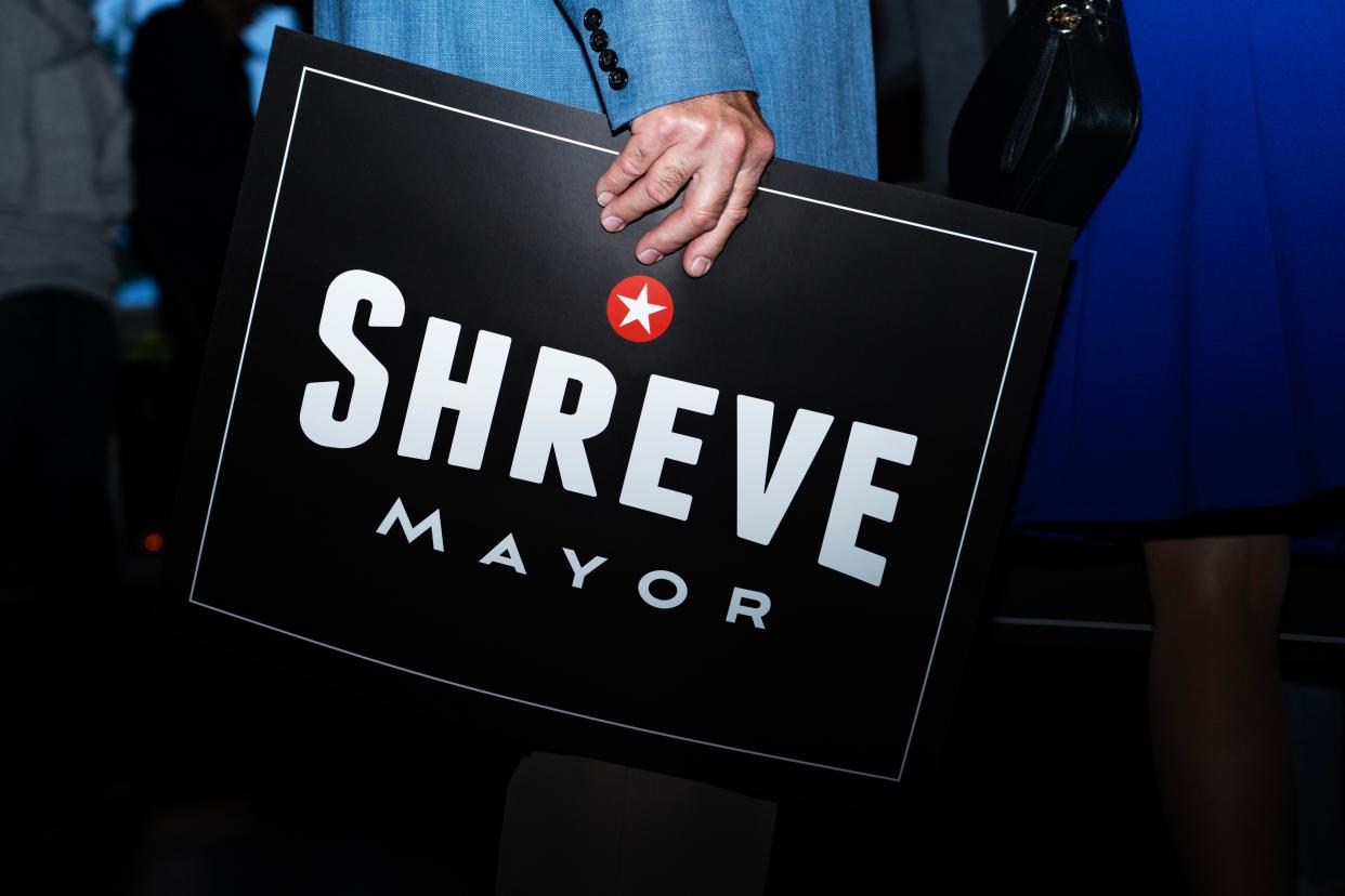 Fred McHeney holds a Jefferson Shreve campaign sign Tuesday, May 2, 2023, during his election night watch party at the Hotel Tango in Indianapolis.