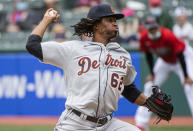 Detroit Tigers starting pitcher Jose Urena delivers against the Cleveland Indians during the first inning of a baseball game in Cleveland, Sunday, April 11, 2021. (AP Photo/Phil Long)