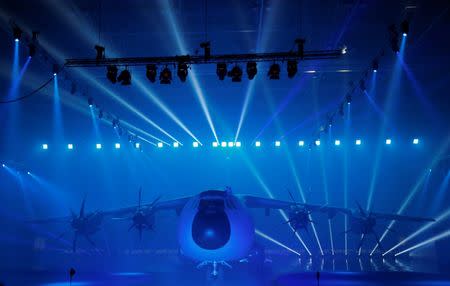 An Airbus A400M military transport plane is parked at the Airbus assembly plant during an event in the Andalusian capital of Seville, southern Spain, December 1, 2016. REUTERS/Marcelo del Pozo