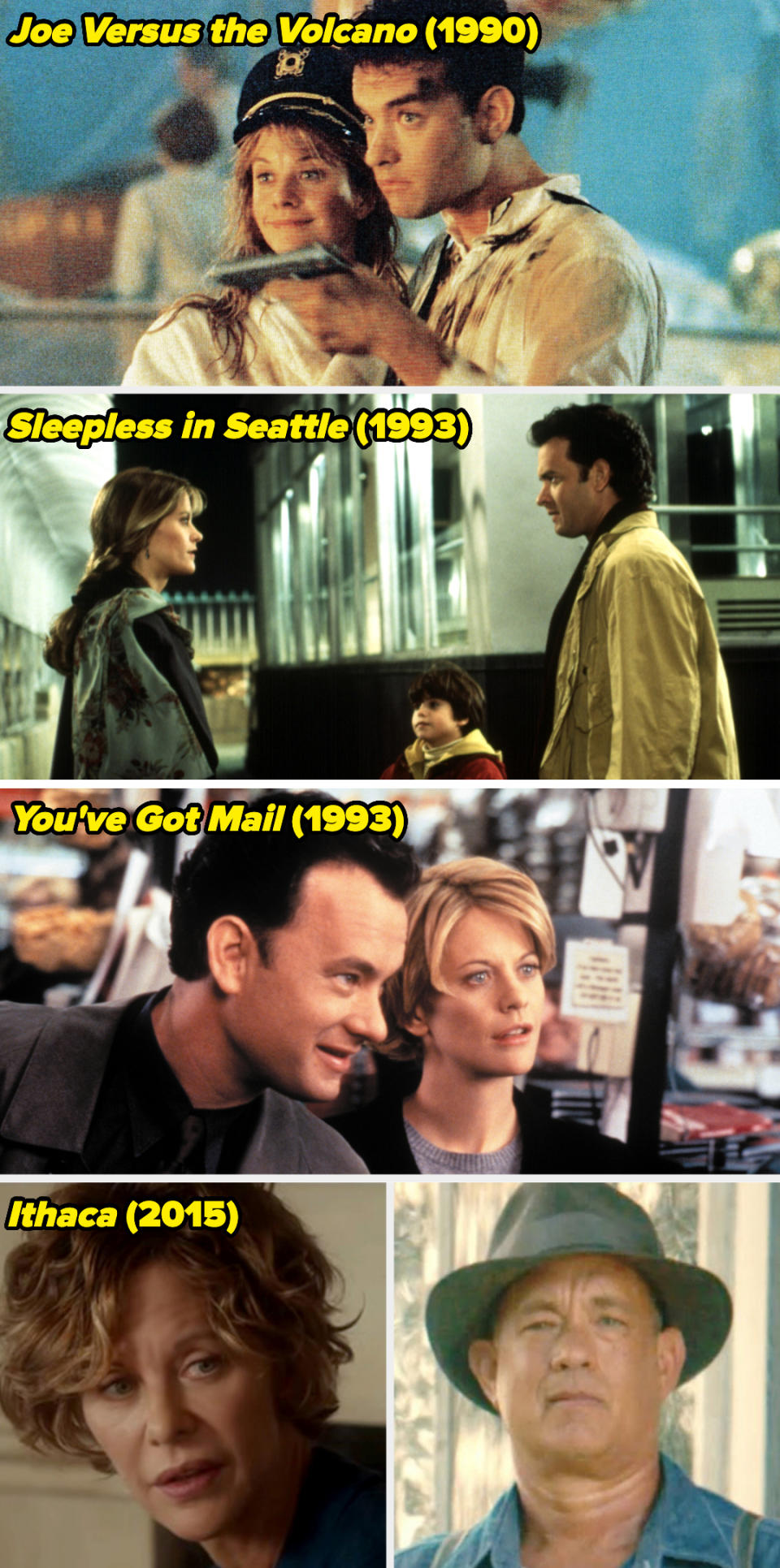 Meg Ryan and Tom Hanks in scenes from "Joe Versus the Volcano," "Sleepless in Seattle," and "You've Got Mail," and from "Ithaca" (only Meg Ryan in this film)