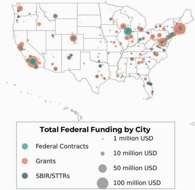 This map tracks the amounts and types of federal funding going toward quantum information sciences in centers across the country.  (WTIA/Moonbeam Graphic)