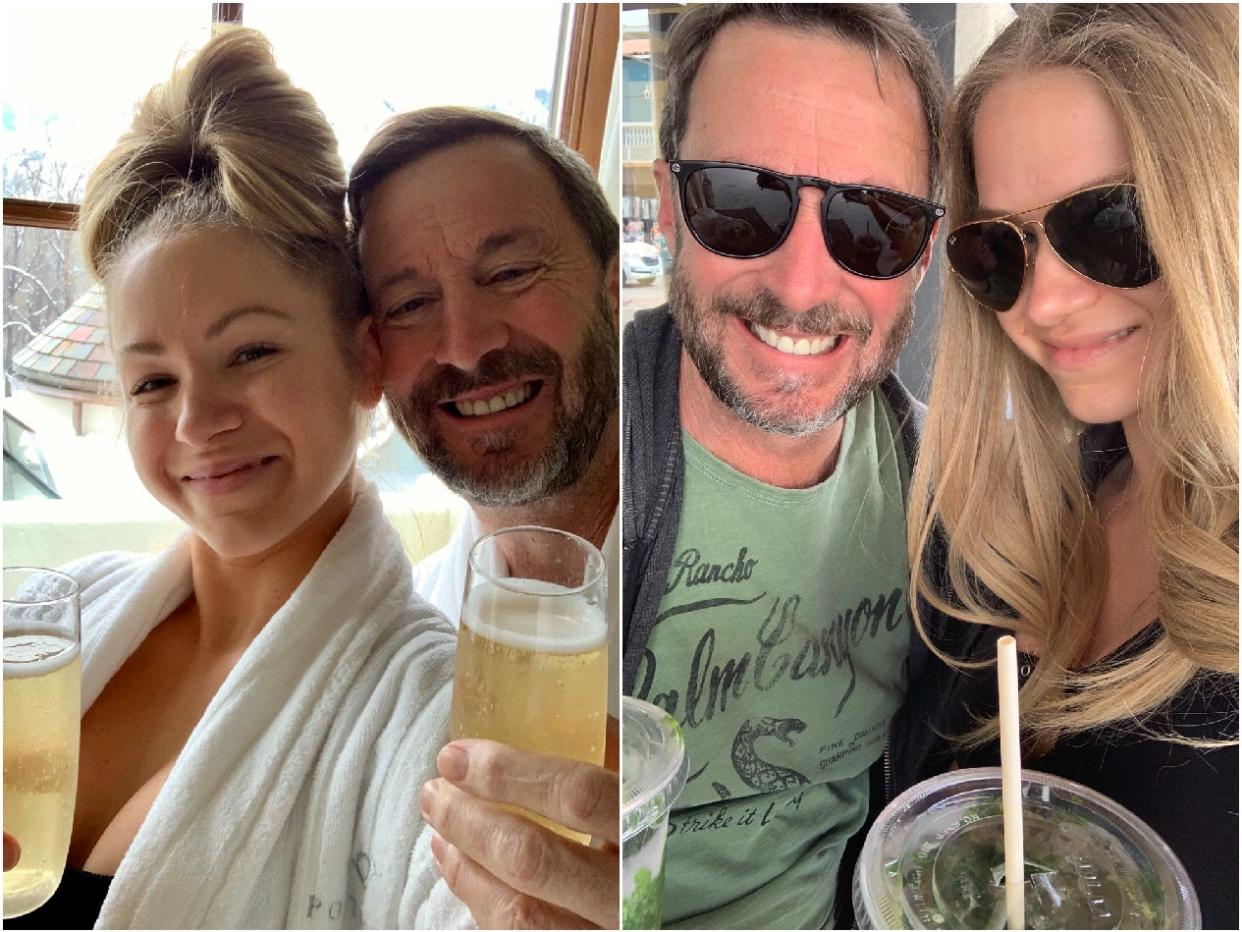 Melissa Persling and her ex-boyfriend Jim on vacation toasting with champagne on the left and with coffee on the right