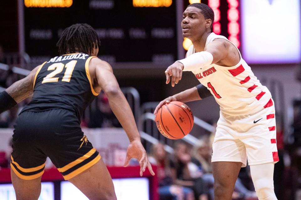 Ball State men's basketball's Demarius Jacobs in the team's game against Toledo at Worthen Arena on Friday, March 3, 2023.