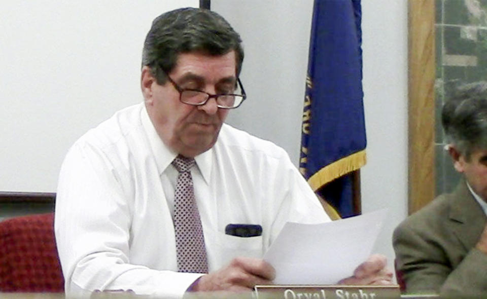 In this recent image taken from video, York Mayor Orval Stahr is seen in the city council room in York, Neb. Stahr was ousted Tuesday, Feb. 12, 2019, in a recall campaign that accused him of violating the trust of city department heads and neglecting the city's interests. Nebraska ranks sixth nationally in the number of recall elections held over the last decade, adjusting for the state's small population. Under a bill proposed by Neb. State Sen. Curt Friesen voters will lose the power to boot Nebraska mayors, county commissioners or school board members out of office before their terms end. Friesen says frequent recall elections in Nebraska could discourage good candidates from seeking public office. (The York News-Times via AP)