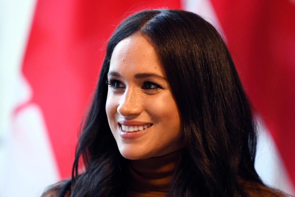 Duchess Meghan of Sussex visited Canada House in London with Prince Harry to say thanks for warm hospitality during their recent time-off in Canada, Jan. 7, 2020.