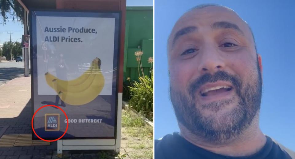 Bus stop Aldi sign, left, Adelaide shop owner on TikTok, right