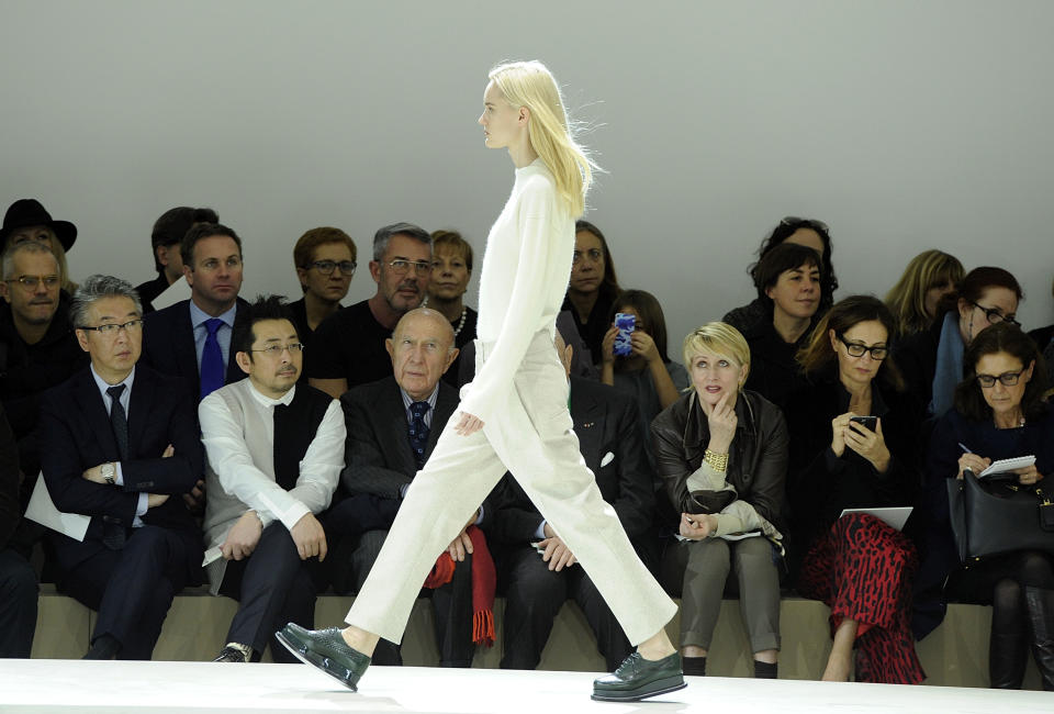 A model wears a creation for Jil Sander women's Fall-Winter 2014-15 collection, part of the Milan Fashion Week, unveiled in Milan, Italy, Friday, Feb. 21, 2014. (AP Photo/Giuseppe Aresu)