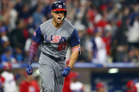 Giancarlo Stanton reacts to his rocket home run during Saturday's Team USA vs. Dominican Republic game at the World Baseball Classic. (Getty Images)