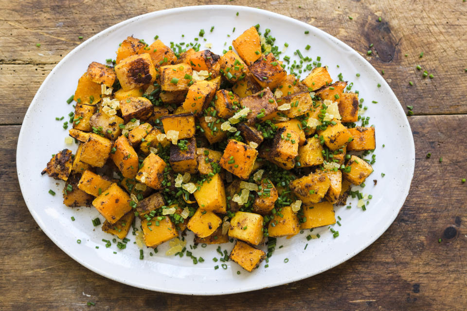 This image released by Milk Street shows a recipe for roasted butternut squash with ginger and five-spice. (Milk Street via AP)