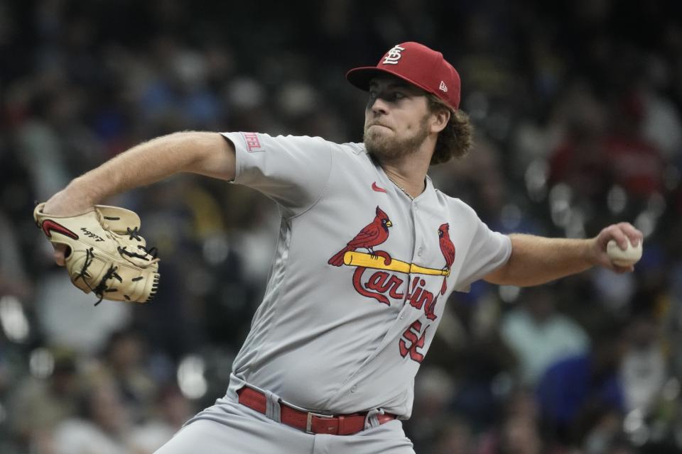 St. Louis Cardinals relief pitcher Matthew Liberatore throws during the seventh inning of a baseball game against the Milwaukee Brewers Wednesday, Sept. 27, 2023, in Milwaukee. (AP Photo/Morry Gash)