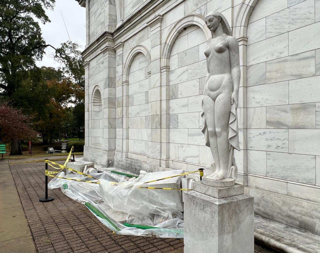 Two sculptures outside of the Memphis Brooks Museum of Art were toppled Saturday night after the museum said a "large van" drove into the plaza and hit them. The van, according to the museum, also hit the side of the museum and a bench in the plaza.