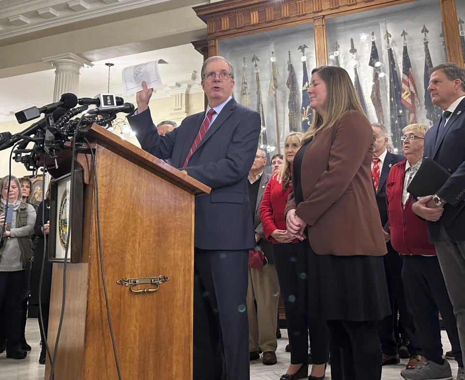 New Hampshire Secretary of State David Scanlan displays a sample ballot on Nov. 15, 2023, in Concord,   New Hampshire, while announcing the date of the state's 2024 presidential primary. / Credit: AP Photo/Holly Ramer