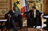 French President Emmanuel Macron attends a meeting with Ghana's President Nana Akufo-Addo during the African Vaccine Manufacturing Accelerator conference, Thursday, June 20, 2024 in Paris. French President Emmanuel Macron is joining some African leaders to kick off a planned $1 billion project to accelerate the rollout of vaccines in Africa, after the coronavirus pandemic bared gaping inequalities in access to them. (Dylan Martinez/Pool via AP)