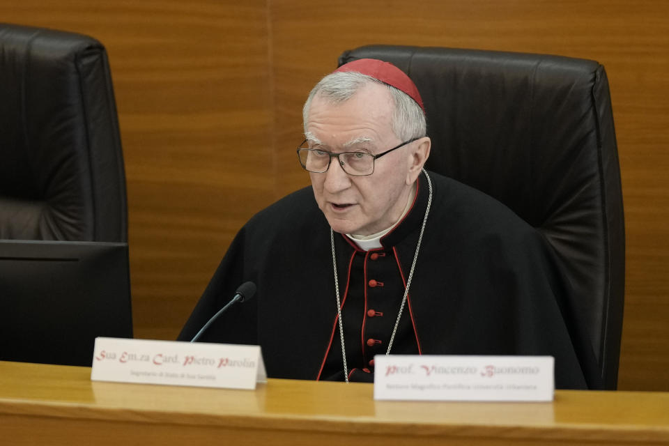 Vatican Secretary of State Cardinal Pietro Parolin speaks at the international conference to celebrate "100 years since the Concilium Sinense: between history and the present" celebrating the First Council of the Catholic Church in China, organized by the Pontifical Urbaniana University, in Rome, Tuesday, May 21, 2024. (AP Photo/Andrew Medichini)