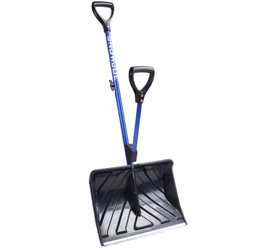 Snow Joe 18-Inch Shovelution Strain-Reducing Snow Shovel with black plastic bottom and blue poles