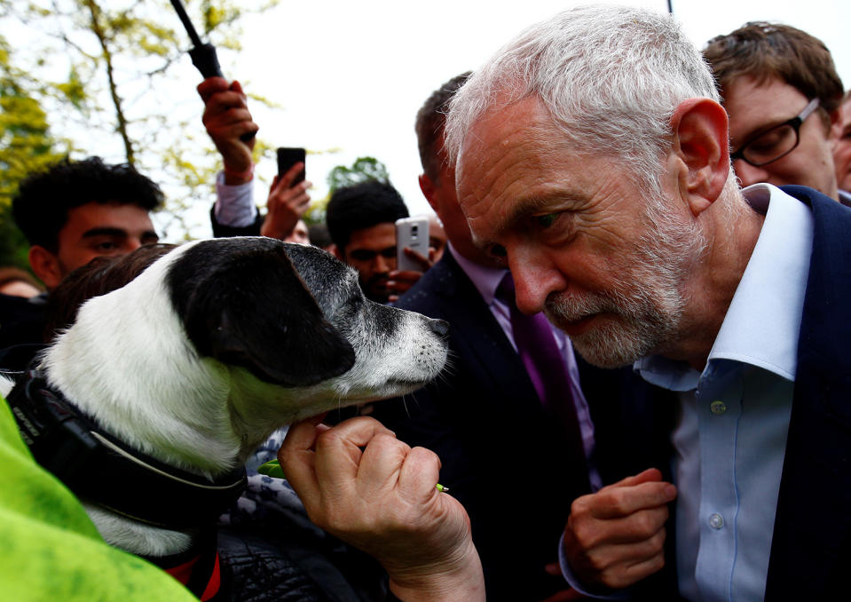 <p>Jeremy Corbyn, the leader of Britain’s opposition Labour Party, poses with a dog named Scrappy-doo, 14 years old, as he campaigns in Southall, London, Britain May 18, 2017. (Photo: Neil Hall/Reuters) </p>
