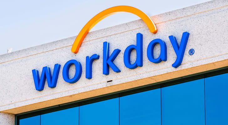 A close-up view of a Workday (WDAY) sign in Pleasanton, California.