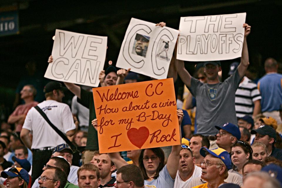 Fans show their support for Brewers Pitcher CC Sabathia  during his first Brewers game on July 8, 2008.