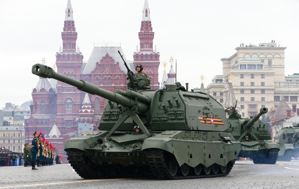 Russian 2S35 Koalitsiya-SV self-propelled howitzers roll toward Red Square during the Victory Day military parade in Moscow, Russia, Sunday, May 9, 2021.