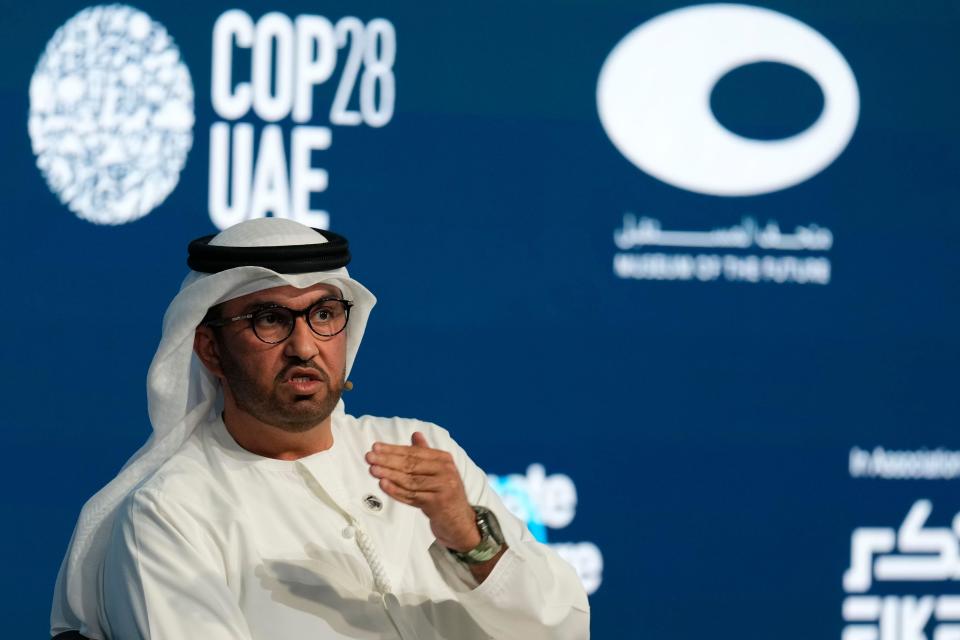 Sultan Al Jaber, COP28 President-Designate and UAE's Special Envoy for Climate Change, talks during the Climate Future Week at Museum of the Future in Dubai, United Arab Emirates, Saturday, Sept. 30, 2023. Climate Future Week at Museum of the Future offered a full-throated defense of his nation hosting the talks, dismissing those 