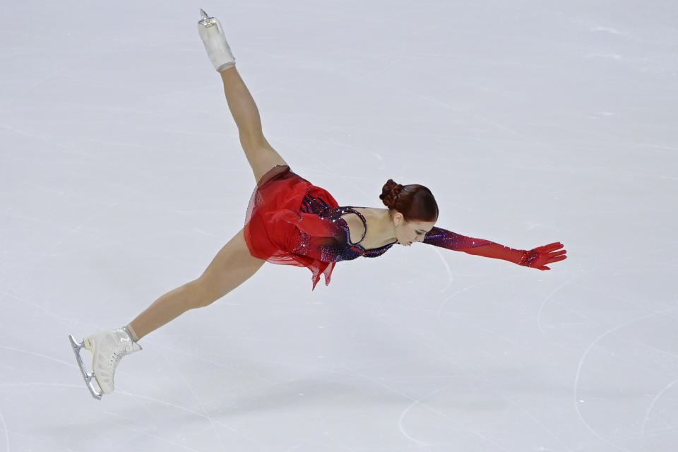 Alexandra Trusova, of Russia, performs during the women's short program at the Skate America figure skating event Saturday, Oct. 23, 2021, in Las Vegas. (AP Photo/David Becker)