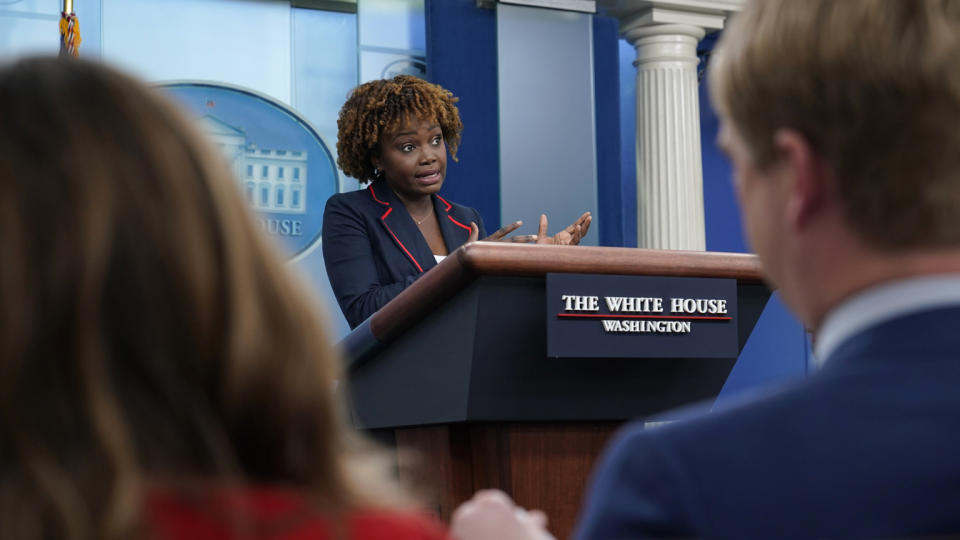 White House press secretary Karine Jean-Pierre speaks at a White House lectern.