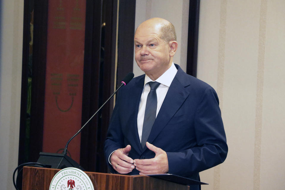 German Chancellor Olaf Scholz, speaks during a meeting with Nigeria's President Bola Tinubu, at the Presidential palace in Abuja, Nigeria, Sunday, Oct. 29, 2023. The German Chancellor Olaf Scholz met with Nigerian President Bola Tinubu on Sunday as part of a West Africa tour as the European country looks to diversify its trade partners and expand economic partnerships in the energy-rich region. (AP Photo)