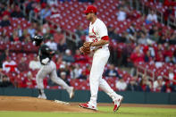 St. Louis Cardinals starting pitcher Steven Matz (32) walks back the mound after giving up a three-run home run to Arizona Diamondbacks' Christian Walker during the third inning of a baseball game Tuesday, April 23, 2024, in St. Louis. (AP Photo/Scott Kane)