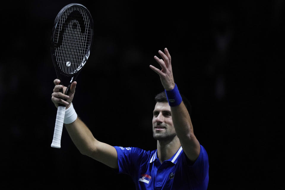 FILE - Serbia's Novak Djokovic after defeating Croatia's Marin Cilic during their Davis Cup tennis semi-final match at Madrid Arena in Madrid, Spain, on Dec. 3, 2021. Top-ranked Novak Djokovic has withdrawn from the ATP Cup in Australia ahead of the first Grand Slam of the season. Cup organizers didn't give a reason. The 34-year-old Serbian has declined to comment on his vaccination status in recent months and Australia’s strict regulations require all players, officials and fans to be fully vaccinated for COVID-19. (AP Photo/Bernat Armangue)