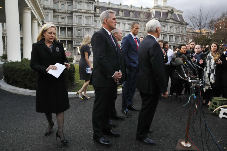 Homeland Security Secretary Kirstjen Nielsen joins House Minority Leader Kevin McCarthy, of Calif., House Minority Whip Steve Scalise, R-La., Sen. John Thune, R-S.D., and Vice President Mike Pence at the microphones to speak to the media after their meeting with President Donald Trump and Democratic leaders on border security in the Situation Room, Wednesday Jan. 9, 2019, at the White House in Washington, as the government shutdown continues. Nielsen walked with White House senior adviser Kellyanne Conway, second from left. (AP Photo/Jacquelyn Martin)