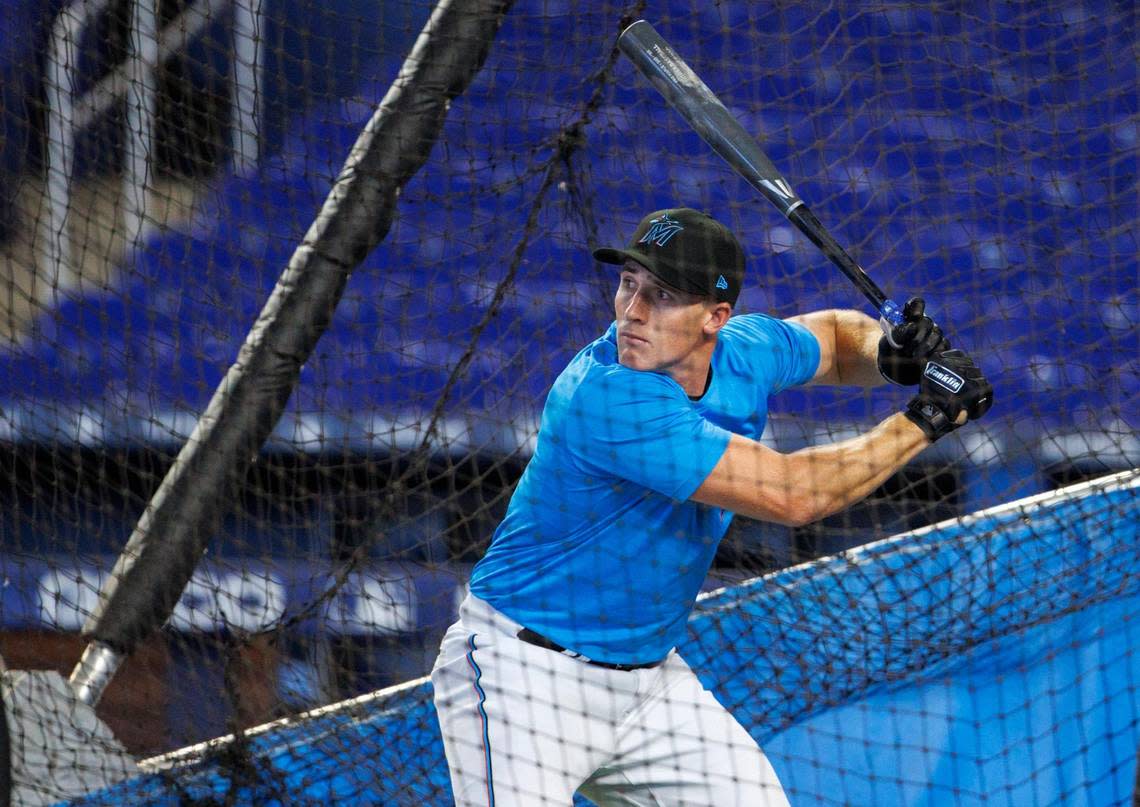 Miami Marlins 2022 first-round pick Jacob Berry during batting practice before the start of a baseball game against the Texas Rangers at LoanDepot Park on Thursday, July 21, 2022 in Miami, Florida.