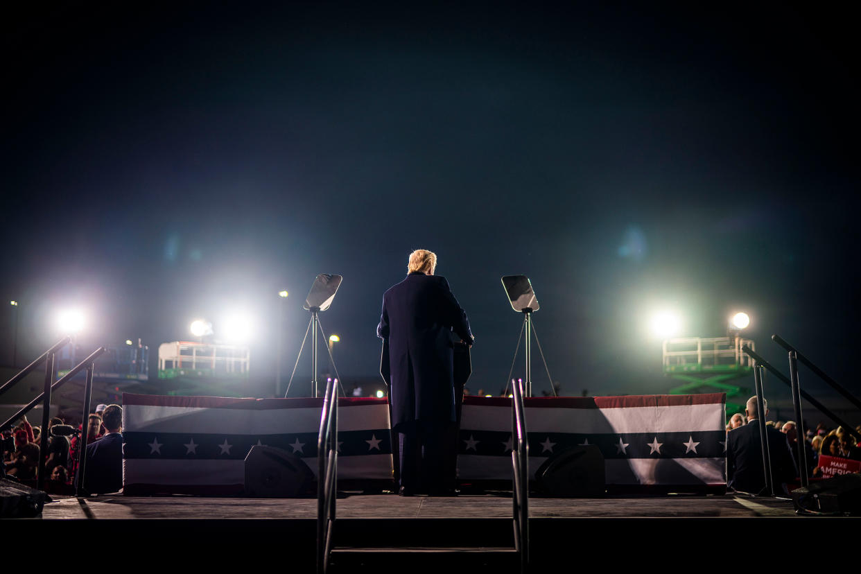 President Trump speaks during a campaign rally in Des Moines, Iowa, on Oct. 14, 2020.