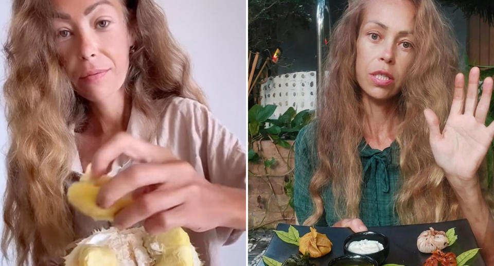 Zhanna eating a durian and holding a tray of vegan dumplings in front of the camera. 